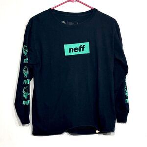 Neff Big Boys Black Green Logo Long Sleeve 100% Cotton Skater T Shirt Size Large